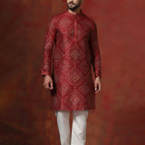 Red Dupion Embroidered Kurta Set