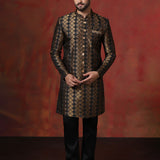 Brown Black Printed Cotton Blend Sherwani Set