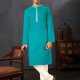 Turquoise Blue Cotton Kurta Set With Embroidered Neck