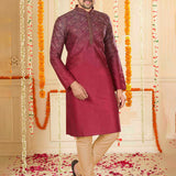 Red Gradient Art Silk Kurta Set With Embroidered Collar Neck
