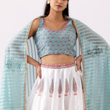 Foil Print Aqua Blue Chanderi Lehenga Set