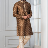 Brown Printed Dupion Silk Kurta Set