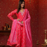 Bright Pink Chanderi Bandhani Printed Anarkali Set