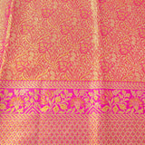 Golden Bright Pink Floral Kanjivaram Silk Saree
