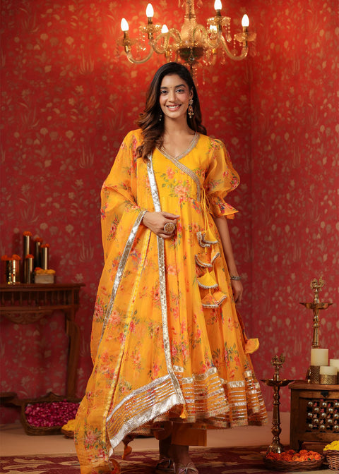 <img> Saffron Yellow Organza Floral Printed Anarkali Set