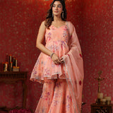 Salmon Pink Organza Floral Sharara Set