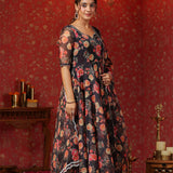 Woodsmoke Black Organza Floral Printed Anarkali Set