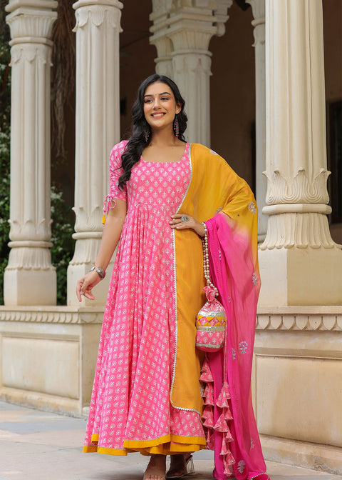 <img> Persian Pink Cotton Printed Anarkali Set
