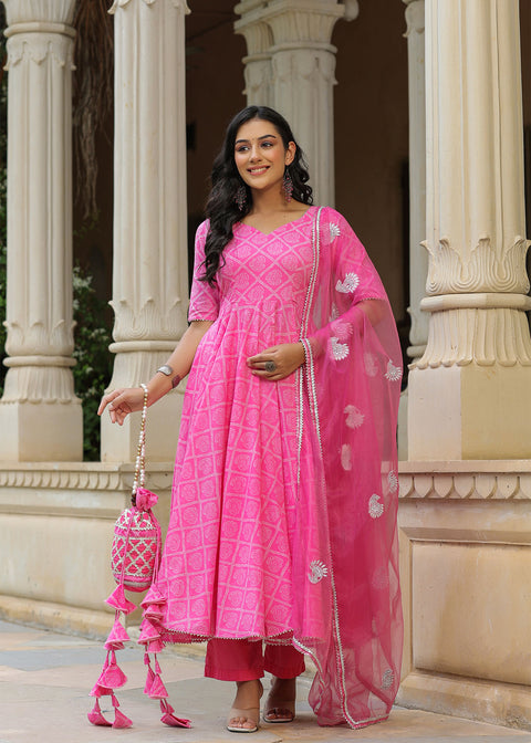 <img> Persian Pink Cotton Bandhani Printed Anarkali Set