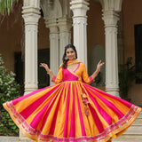 Pink And Yellow Cotton Silk Solid Anarkali Set