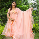 Peach Pink Organza Floral Anarkali Set