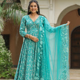 Teal Blue Cotton Floral Printed Anarkali Set