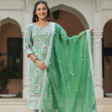 Seafoam Green Cotton Floral Printed Kurti Set