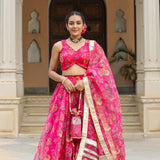Bright Pink Organza Floral Printed Lehenga Set