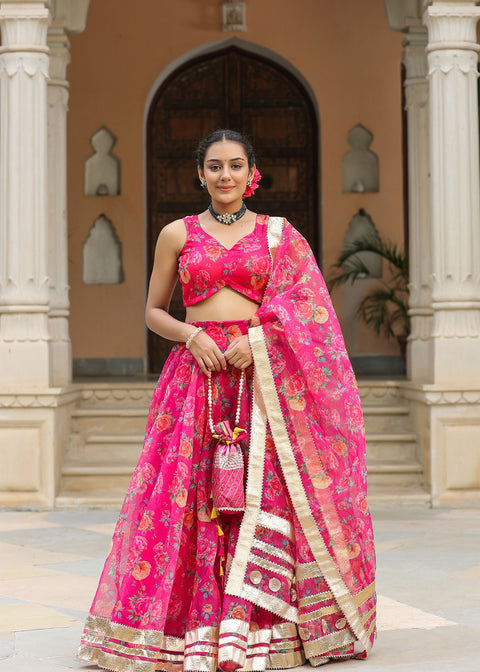 <img> Bright Pink Organza Floral Printed Lehenga Set