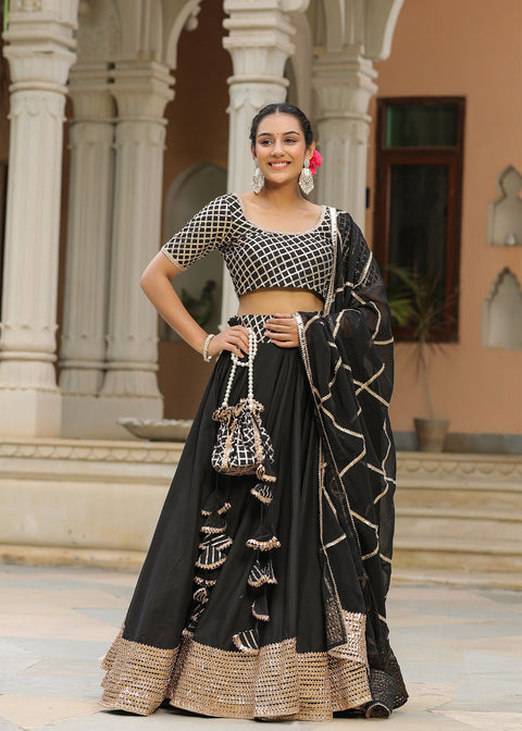 <img> Black Cotton Silk Gota Embroidered Lehenga Set