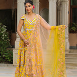 Saffron Yellow Cotton Floral Printed Anarkali Set