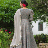 Granny Grey Cotton Floral Printed Anarkali Set