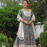 Persian Green Cotton Floral Printed Anarkali Set