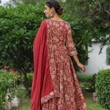Mexican Red Cotton Floral Printed Anarkali Set