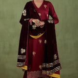 Floral Foil Print Dark Maroon Straight Kurta Set With Velvet Dupatta