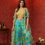 Cerulean Blue Organza Printed Indo-Western Co-Ord Set