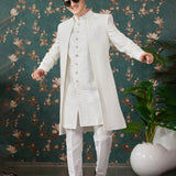 Off-White Art Silk Three Piece Sherwani Set
