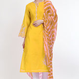Solid Yellow Raw Silk Floral Embroidered Kurti Set