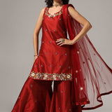 Maroon Raw Silk Kurti With Sharara And Dupatta