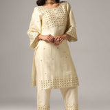 Cream Raw Silk Kurti With Palazzo Pants And Dupatta
