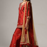 Maroon Raw Silk Kurti With Sharara And Net Dupatta