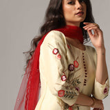 Cream Raw Silk Kurti With Contrast Pants And Netted Dupatta Set