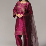 Purple Raw Silk Kurti With Palazzo Pants And Dupatta