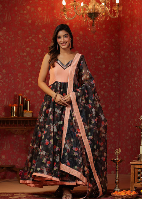 <img> Black Organza Floral Printed Anarkali Set