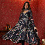 Dark Navy Blue Georgette Floral Printed Anarkali Set