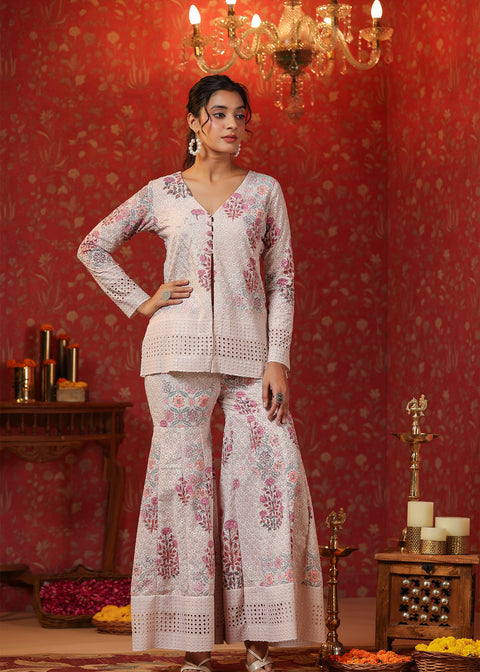 <img> Pinkish Cream Cotton Floral Printed Co-Ord Set