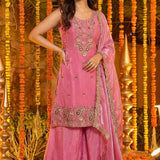 Blossom Pink Floral Embroidered Silk Kurta Set