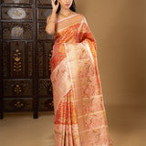 Golden Pink Floral Kanjivaram Silk Saree