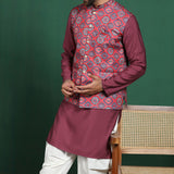 Red Cotton Blend Kurta Set With Printed Nehru Jacket