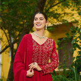 Red Faux Blooming Embroidered Anarkali Set With Slit