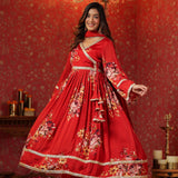 Bright Red Chinon Floral Printed Anarkali Set