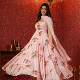 Soft Pink Chinon Floral Printed Anarkali Set