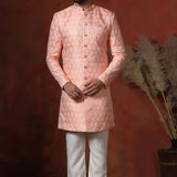 Peach Pink Cotton Blend Printed Sherwani Set