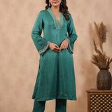Teal Green Russian Silk Solid Kurti Set