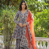 Black Cotton Floral Printed Gharara Set