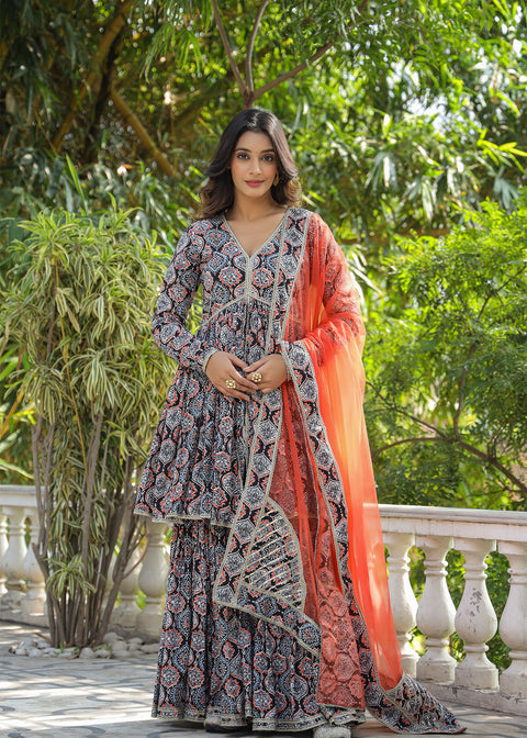 <img> Black Cotton Floral Printed Gharara Set