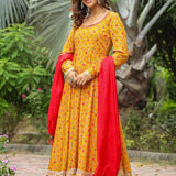 Corn Yellow French Crepe Printed Anarkali Set