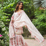 Champagne White Cotton Floral Printed Sharara Set