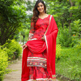 Rose Red Organza Abstract Printed Sharara Set