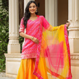 Pink And Yellow Brocade Bandhani Printed Sharara Set